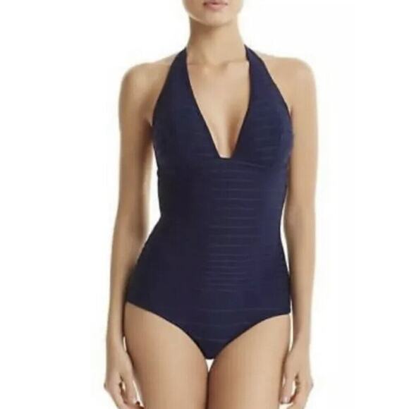 Shoshanna Navy Blue Jacquard Halter One Piece Swimsuit Size 2 Beach Pool - Picture 1 of 8